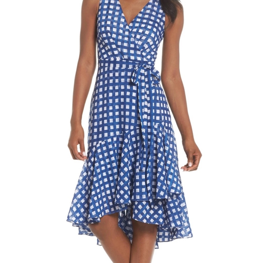 Eliza J Blue and White Ruffled High-Low Sundress